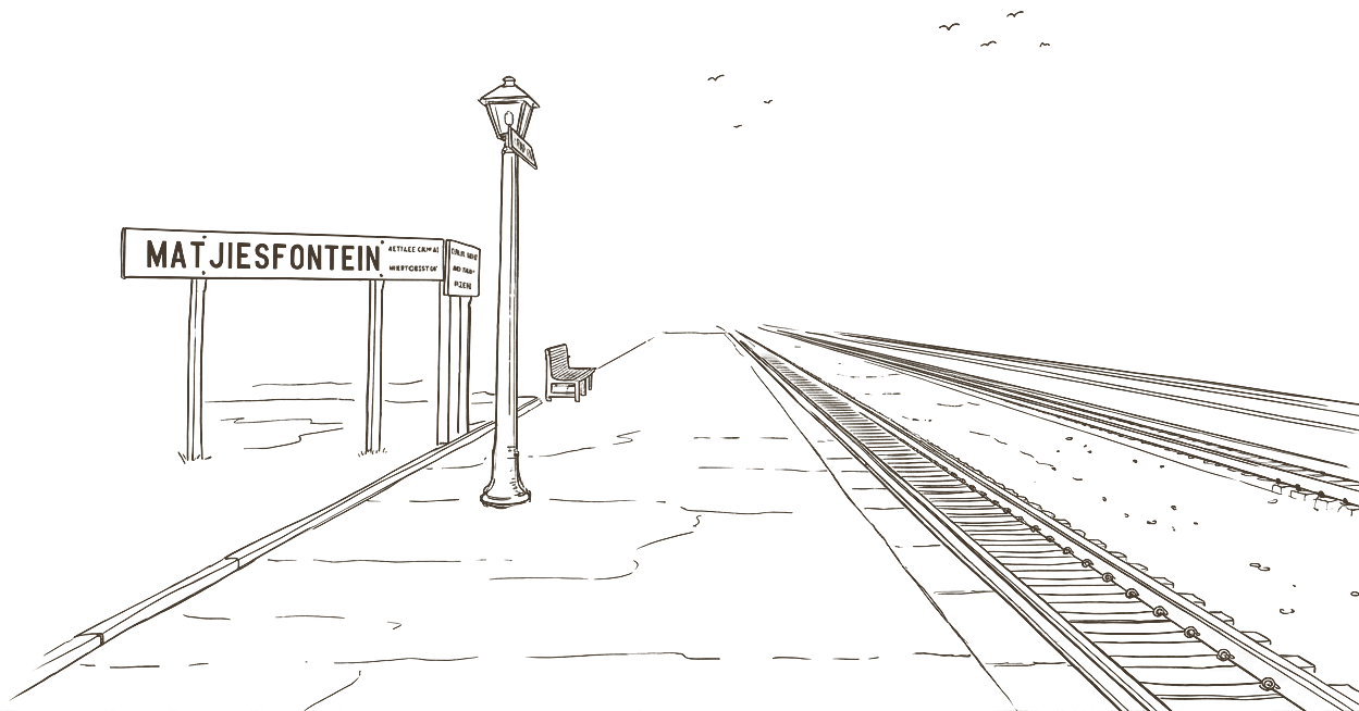 A hand-drawn sketch of the Matjiesfontein railway platform — the station sign, a lamp post, a bench, and tracks running into the Karoo.